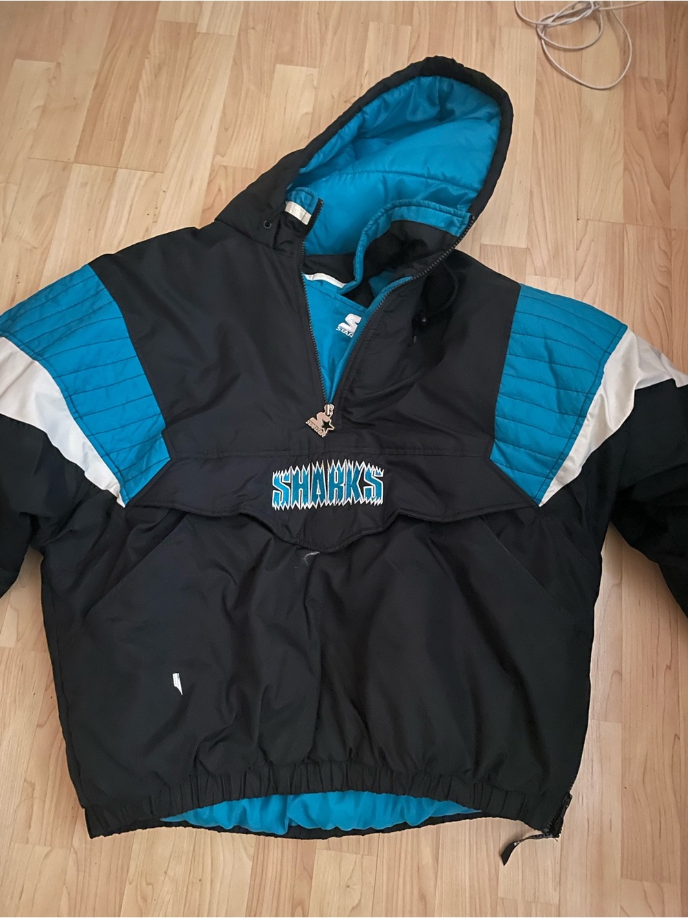 1990 Sharks men puff coat  Black & Teal Hooded Jacket